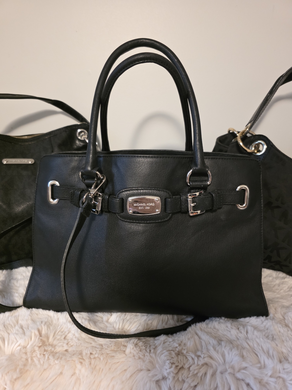 Michael Kors Black Leather Top-Handle Satchel with Silver Hardware
